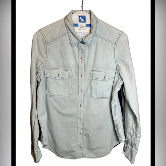 Free People Bandana Bandit Button-Up Shirt In Light Blue Chambray Size Large - Picture 3 of 6